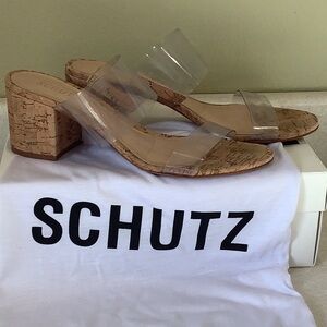 Schutz Victorie Clear Vinyl Cork Block Heel Women’s  Sandals